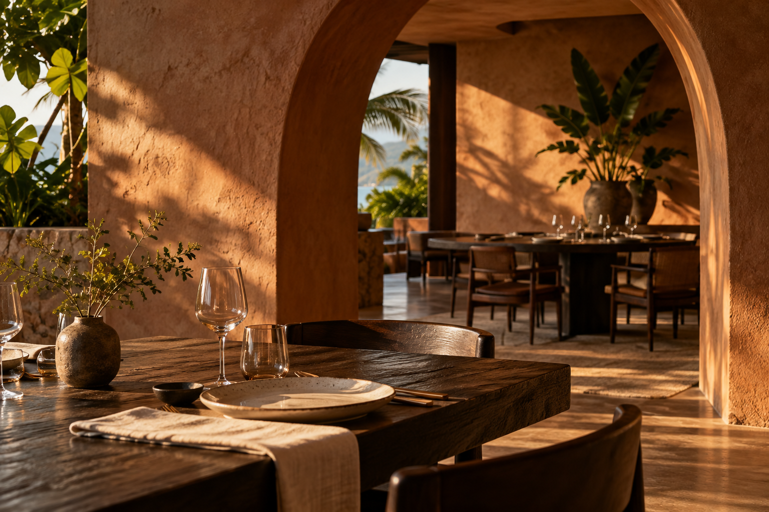 Atmosfera conceitual de hospitalidade: mesa com cerâmica e luz natural em ambiente de tons terrosos